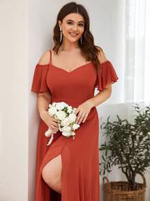 EVERPRETTY 优雅浪漫奢华大码露肩伴娘礼服，适合派对和婚礼 - 亮橙色 - 查看 6