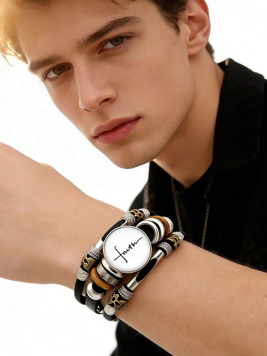 十字架信仰朋克情侣皮绳手链，热销跨境产品 - 黑與白 - 查看 1