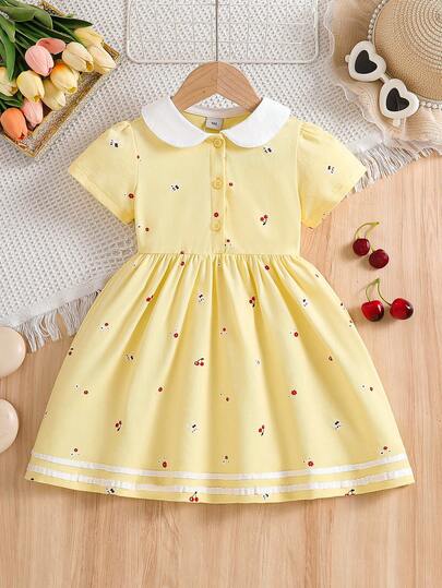 女童印花Polo领短袖休闲连衣裙，夏季