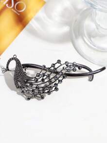 1pc Women's Fashion Elegant Peacock Crystal Alloy Tassel Faux Pearl Hair Clip, Suitable For Everyday Wear - Dark Grey - View 3