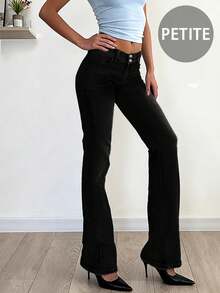Y2K Style High-Waisted Button Fly Skinny Distressed Jeans With Pockets, Suitable For Back To School, Commuting And Casual Wear - Black - View 4