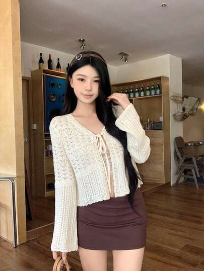 Korean Design Hollow Lace-Up Knit Cardigan With Flare Sleeves, Cropped Top