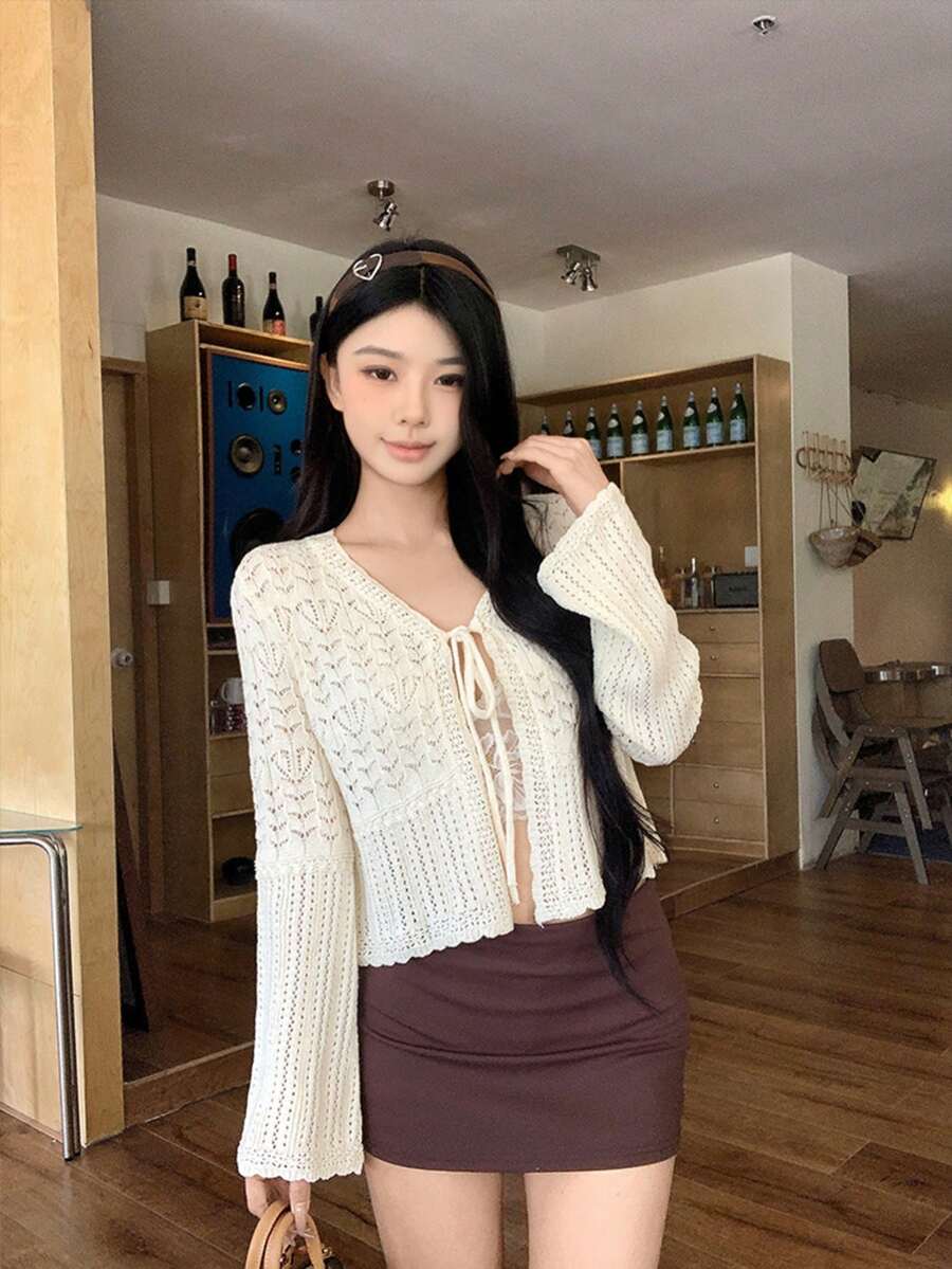 Korean Design Hollow Lace-Up Knit Cardigan With Flare Sleeves, Cropped Top - Apricot - View 1