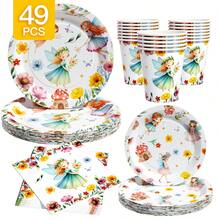 Fairy Flower Disposable Plate, Napkin, Cup Set, Plates, Napkins And Cups Party Supplies, Serves 8 Guests, Disposable Paper Plates Party Tableware Suitable For Birthday, Wedding, Theme Party, Family Picnic - Multicolor - View 1