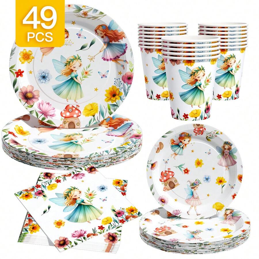 Fairy Flower Disposable Plate, Napkin, Cup Set, Plates, Napkins And Cups Party Supplies, Serves 8 Guests, Disposable Paper Plates Party Tableware Suitable For Birthday, Wedding, Theme Party, Family Picnic - Multicolor - View 1