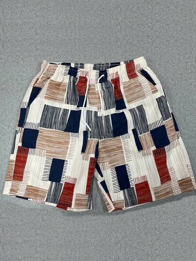 1 pièce Short kaki pour homme, imprimé géométrique color-block à carreaux, short de plage léger et frais, style vacances, short homme, bas de style vacances, idéal pour les escapades estivales à la plage