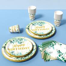 Eucalyptus Leaf Gold "Happy Birthday" Disposable Plate, Napkin, Cup Set, Plates, Napkins And Cups Party Supplies, Serves 8 Guests, Disposable Paper Plates Party Tableware Suitable For Birthday, Wedding, Theme Party, Family Picnic - Multicolor - View 5