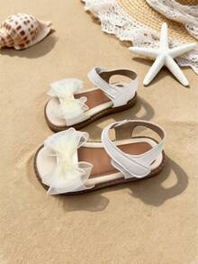 1 Pair Girls' Shoes With Mesh Bow Design, Breathable Lining, Ankle Strap, Open Toe, Flat Sole. Elegant And Cute, Suitable For Casual Daily Wear - Beige - View 4