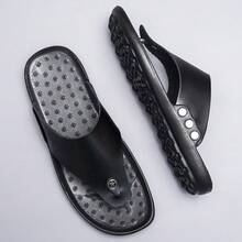 男士夏季人字拖一双，黑色凉鞋，星形装饰，圆头简约设计，轻便休闲拖鞋，适合户外、派对、度假，舒适男鞋，沙滩鞋 - 黑色 - 查看 3