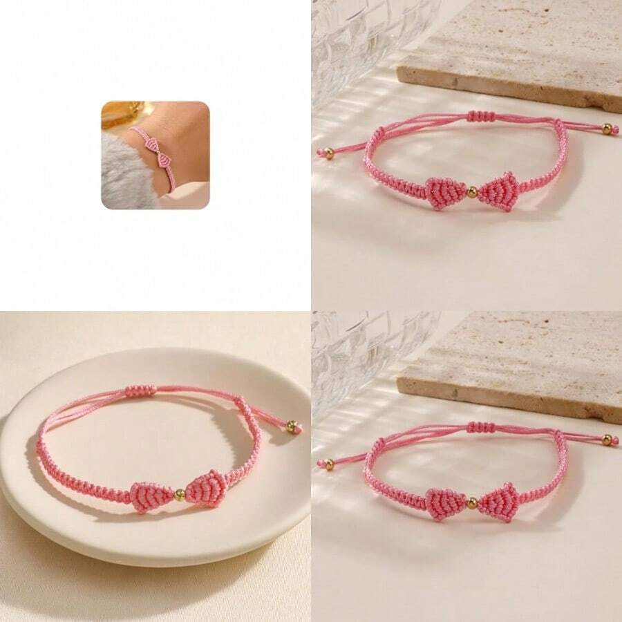 SHINUS BOHO Dainty Bow Braided Woven Rope Adjustable Bracelet For WomenHandmade Boho Black Bowknot String Bracelet Fashion Jewelry Gift Friendship - 粉色 - 查看 1