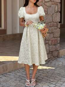 女士春夏优雅方领花瓣袖花卉纹理收腰喇叭下摆中长连衣裙，适合度假、婚礼、派对等场合。 - 米色 - 查看 9