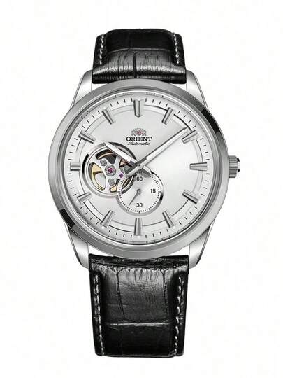 Orient Men's Luxury Automatic Mechanical Happy Watch, Silver Stainless Steel Case, Black Leather Strap, Business Meeting Small Second Hand Wristwatch