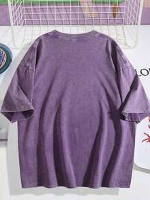 1 PcsWomen's Retro Rose And Newspaper Cartoon Letter Pattern Prints On The Street, Korean-Style Comfortable Retro Fashion Commuting Versatile Y2k Women's Clothing, Regular Niche Punk Style Black Fitted Round-Neck Short-Sleeved Washed T-Shirt, Washed Retro Series Comfortable Pure Cotton T-Shirt, Easily Create Retro Casual Wear, Suitable For Daily Commuting, Leisure Outings, Daily Outfits, Classic Retro Style Women's Clothing - 紫羅蘭色 - 查看 2