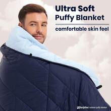 Manta hinchada para exteriores, manta de camping reversible, cálida, resistente al agua, plegable, ligera, colcha de camping, para estadio, mochilero, hamaca, picnic 79 x 55 pulgadas. - Azul real - Ver 4