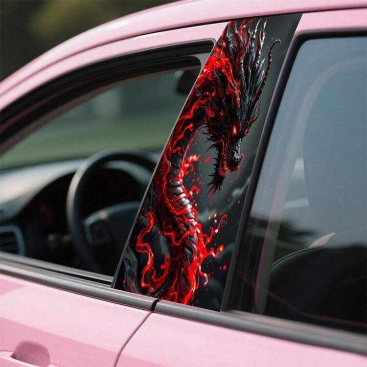 2pcs Black And Red Dragon Flame Stickers - Durable Waterproof PVC Vinyl B-Pillar Decals, Scratch-Resistant/Korean/American Car Decor Suitable For Cars, Trucks, SUVs - Realistic Dragon Tattoo Design (Perfect Fit) - A - View 5