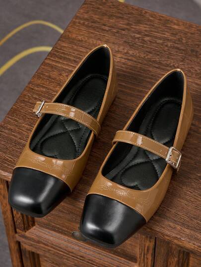 Women's Fashion Square Toe Slip-On Shoes, Brown Patchwork With Black And Silver Buckle Decor, Casual Office Work Shoes, Versatile For Spring/Summer Outdoor, High-Quality Mary Jane Ballet Shoes, Suitable For Valentine's Day
