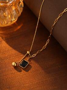 1pc Women's 304 Stainless Steel Necklace - Gold Ball Accent With Square Black Glass Pendant, Minimalist Elegant Everyday & Party Jewelry, Anti-Fade Gift, Retro Style, Polished Finish, Classic High-Quality Fashion Accessory - Geometry - View 5