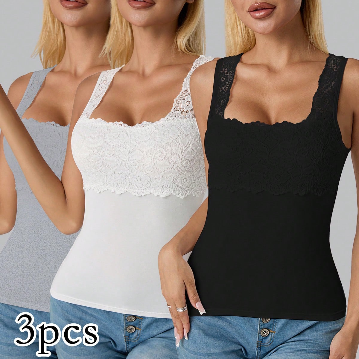 Piezas Camiseta de tirantes sin mangas con cuello cuadrado y adorno de encaje en color negro sólido para mujer