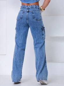 Wide Leg Cargo Jeans With Side Pockets - Blue - View 2