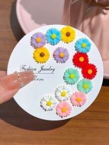 7对简约优雅糖果色花卉时尚奢华精致雏菊日常休闲/派对耳环套装（女士） - 彩色 - 查看 7