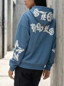 Y2K Gothic Punk Fashion Zipper Hoodie For Women With Snowflake Pattern And Letter Print Design Warm Fall Winter Jacket, Versatile Daily Wear, Back ToSchool, Graduation, Teacher Attire, Outdoor Fitness,Running, Valentine'S Day, Christmas Party - 藍色 - 查看 6