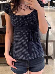 Tops De Mujeres For Going Out Cap Short Sleeve Scoop Neck Tees Dots Print  Pelpum Top Shirt Harajuku Vintage Clothes Y2K Loungewear - 藍色 - 查看 2