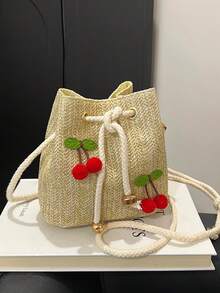 Túi đeo chéo vai họa tiết dâu tây thời trang mới, túi xách tay, túi công sở, túi xô dây rút, túi đeo vai họa tiết quả anh đào tối giản. - Màu Khaki - Xem 3