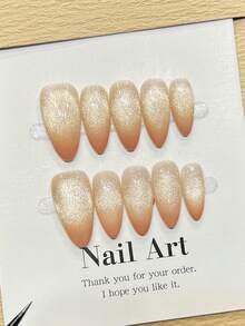 Conjunto de 10 adesivos de unhas acrílicas artesanais em formato de amêndoa, comprimento curto/médio, degradê simples em dourado/laranja, nail art olho de gato dourado brilhante, adesivos de unhas minimalistas e elegantes para o outono, ideais para festas, uso diário, encontros, praia, férias tropicais, unhas DIY, ótimo presente para mulheres e meninas, suprimentos para nail art. - Laranja - Ver 4