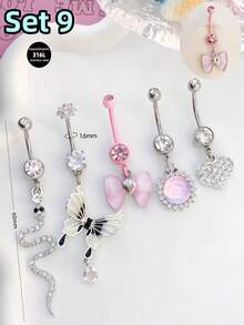 Morlyda 5件套可爱甜美粉色钢制蝴蝶、爱心、花朵肚脐环，不锈钢蛇形十字肚脐环，亚克力星星吊坠肚脐环，闪电肚脐环，猫咪肚脐环，适合女性和女孩，可用于情人节、圣诞节、日常佩戴、派对、度假、聚会等场合。 - 粉色 - 查看 6
