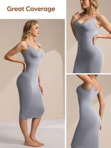 Suprenx 1pc Women's Spaghetti Strap Tummy Control Lift Bust Bodycon Dress, Suitable For Layering Or Outerwear - Light Grey - View 3