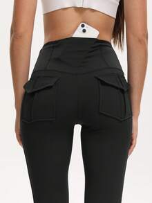 1 pieza Leggings acampanados de yoga para mujer. Dos bolsillos externos - Tela altamente elástica y suave - unicolor - Adecuado para yoga, fitness y uso diario. Un buen compañero para deportes al aire libre de las señoras. - Negro - Ver 4