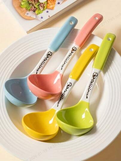 Muỗng súp bằng gốm, cán dài, đầu tròn sâu, kiểu dáng dễ thương, dùng trong gia đình, để múc mì, súp, cháo.