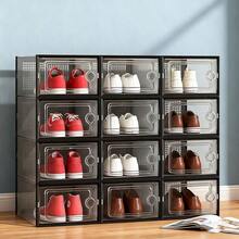 6/12/24-Pack Shoe Storage Boxes, Transparent Plastic Stackable Shoe Cabinet Organizer, Space-Saving Folding Athletic Shoe Container Rack - 黑色 - 查看 12
