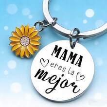 Stainless Steel Mama Keychain With Sunflower Pendant, "Mama Eres La Mejor" Engraved Gift For Mother's Day Birthday Sunflower Mama Keychain, Spanish Engraved "You're The Best Mom" Keyring, Perfect Gift For Mom From Daughter Son - Old Gold - View 1