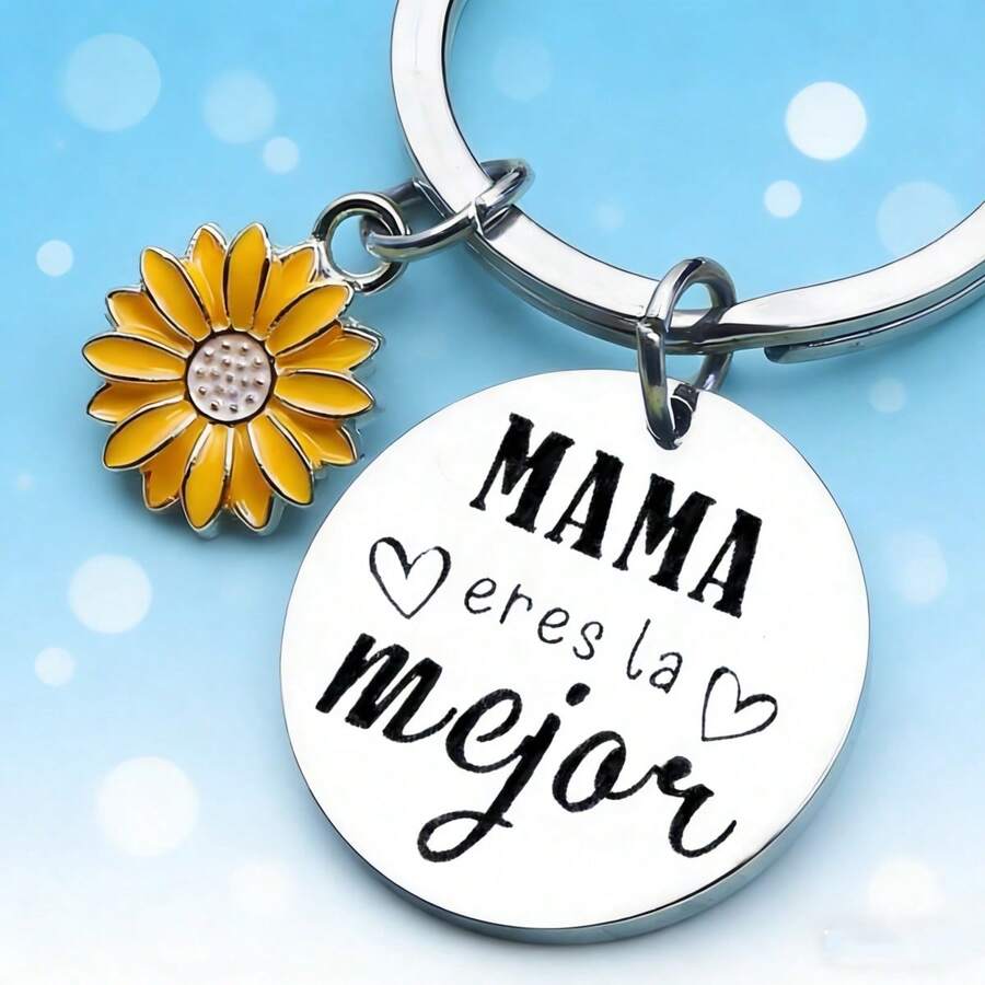 Stainless Steel Mama Keychain With Sunflower Pendant, "Mama Eres La Mejor" Engraved Gift For Mother's Day Birthday Sunflower Mama Keychain, Spanish Engraved "You're The Best Mom" Keyring, Perfect Gift For Mom From Daughter Son - Old Gold - View 1