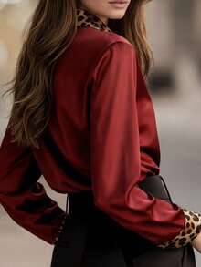 Women's Leopard Print Patchwork Zipper Button Casual Shirt - Red - View 2