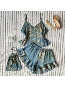 5pcs Women Sleepwear Set Including Spaghetti Strap Robe, Nightgown, Thin Jacket, Mid-Length Sleepwear, Bathrobe, Suitable For All Seasons - Malachite Green - View 57