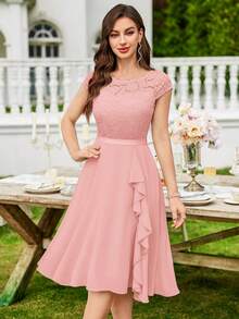 MIUSOL Elegant Solid Color Lace Patchwork Ruffle Hem Cocktail Party Dress Wedding Pink Spring - Pink - View 4