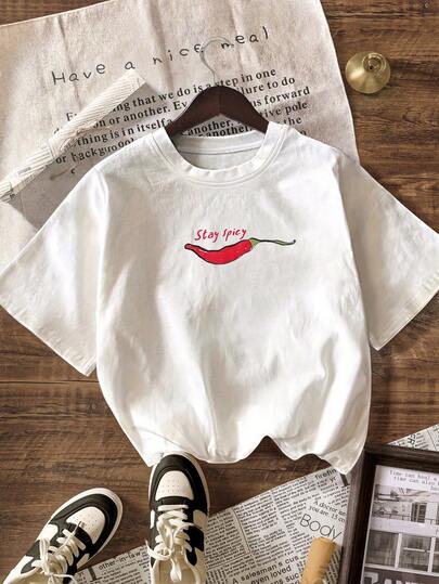 Stay Spicy Chili Pepper Y2K Graphic Short Sleeve T-Shirt, Casual Summer For Women, Vacation & Beach Wear