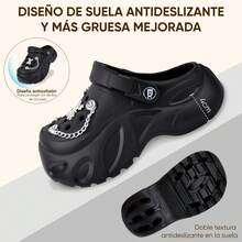 Sandalias para Mujer de EVA de Alta Calidad - Talón de 6 cm Ligero y Suave con Efecto Alargador, Antideslizantes y de Secado Rápido - Zapatos de mujer con diseño calado, decoración con lentejuelas DIY, estilo punk con suela gruesa y diseño calado, zapatos cómodos para el jardín,Zuecos de plataforma para mujer con elegantes accesorios metálicos, sandalias de plataforma estilo punk, fabricadas en material EVA cómodo y transpirable, adecuadas para paseos diarios y también para jardinería,Ultra Cómodas Sin Ruido, Resistentes al Olor y a la Suciedad, Fáciles de Limpiar, Diseño Minimalista Moda Aptas para Interior, Exterior, Playa y Uso Diario Prolongado. - Negro - Ver 3