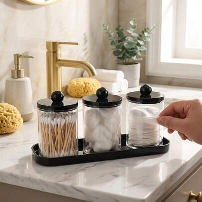 3 Packs Qtip Holder For Bathroom, Cotton Round Holder With Tray, Apothecary Jars Bathroom Organizers And Storage Box, Bathroom Jars For Floss Picks, Cotton Swabs, Balls, Pads