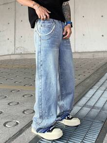 Men's Loose Fit Washed Faded Denim Jeans, Wide Leg Relaxed Gothic Rock Street Fashion Design, Suitable For All Seasons - Blue - View 5