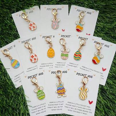 Easter Themed Egg, Bunny, Chick Keychain Set With Red Heart Card, Multi-Style Zinc Alloy Pendant, Lobster Clasp, Cute Cartoon Design, Ideal For Wallet, Backpack, Shoe, Car Key Accessories, Friendship, Birthday, Easter Gift