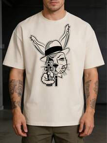 1件男士时尚百搭朋克兔子印花短袖T恤，夏季 - 杏色 - 查看 8