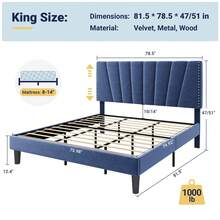 Allewie Full/Queen/King Size Bed Frame With Adjustable Velvet Upholstered Headboard, Rivet-Style Nailhead Trim Detail Platform Bed Frame, Wooden Slat Support, No Box Spring Needed, Easy Assembly, Blue - 藍色 - 查看 10