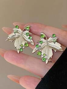 一对优雅树叶造型绿色水晶耳钉，精致时尚，女士必备 - 綠色 - 查看 2