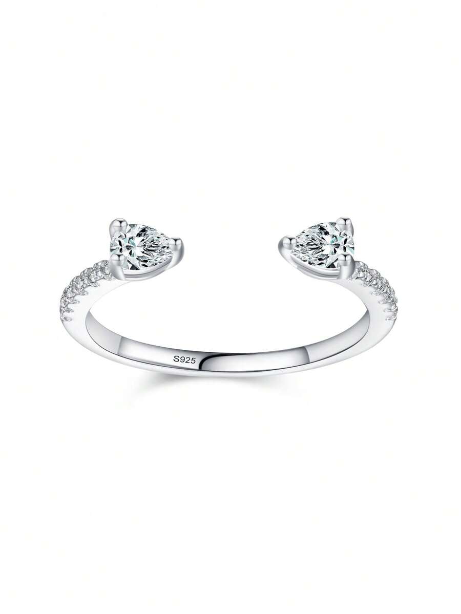 1枚925纯银水滴形闪亮锆石可调节叠戴戒指，适合女性女孩生日派对珠宝礼物 - 銀色 - 查看 1