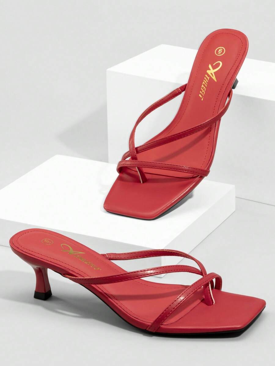 Athlefit Women's Strappy Kitten Heels Flip Flops Square Open Toe Low Heels Fashion Party Dress Thong Heeled Sandals - 紅色 - 查看 1