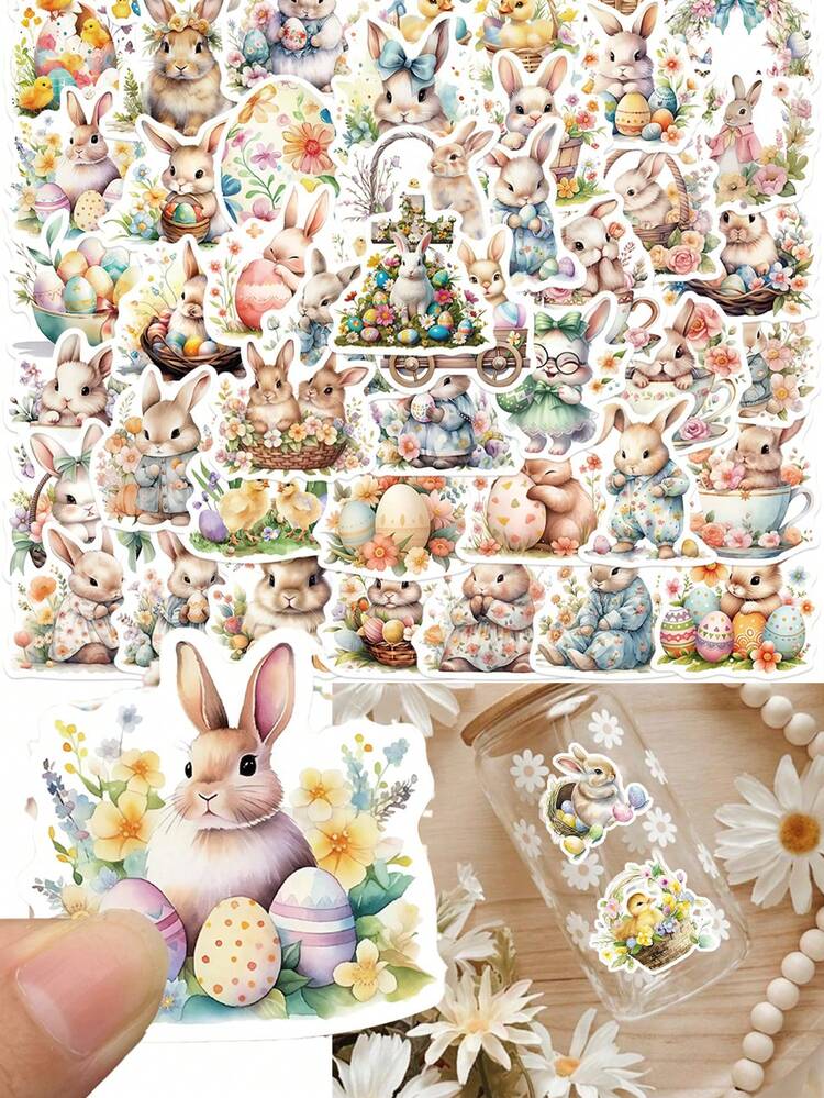 100张复活节彩蛋兔子贴纸，复活节装饰贴纸，适用于剪贴簿、笔记本、笔记本电脑、水瓶、复活节派对装饰，可爱兔子和彩蛋贴纸，水彩复活节兔子贴纸 - 彩色 - 查看 1