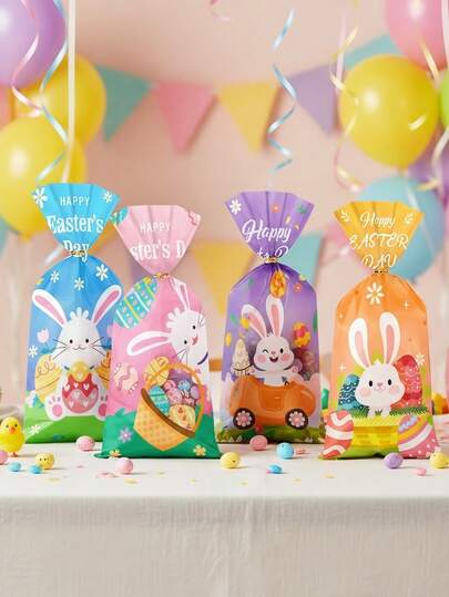 50pcs Easter Bunny Cellophane Bags Carrot Egg Rabbit Pattern Plastic Candy Cookie Treat Bags With Twist Ties For Easter Party Favors Supplies, Easter Party Decorations Supplies Cartoon Bunny Rabbit Egg Basket Print Cellophane Bags For Kids School Classroom Treats Goodie Bags Set